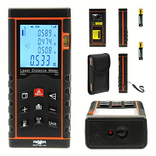 Rexxer | 40m Laser Entfernungsmesser | ±1,5mm Genauigkeit | Digitale Wasserwaage Distanzmessgerät mit LCD | M/In/Ft | Pythagoras | Fläche | Volumen | inkl. Schutztasche & 2X Batterien