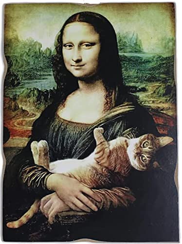Kustom Art Magnet (Magnet) La Gioconda Mona Lisa Leonardo mit Katze im Vintage-Stil, Kollektion, Druck auf Holz, 10 x 6 cm