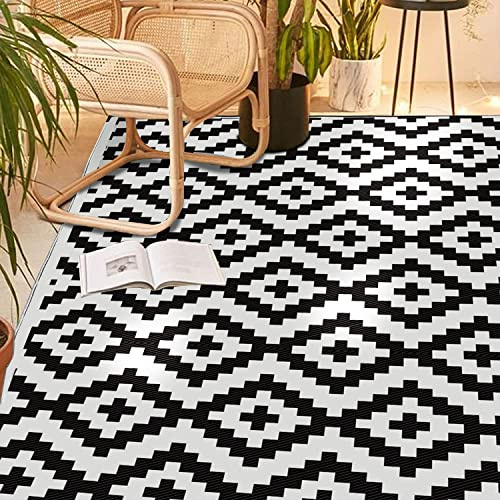 Alfombra de exterior para patios de 180x270 cm, impermeable, reversible y fácil de limpiar, con pajilla de plástico, reciclada, resistente a los rayos UV, para caravana, balcón, interior/exterior