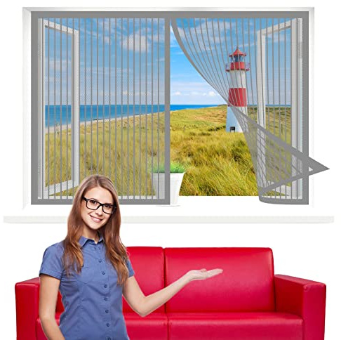 Moustiquaire Magnetique Fenetre, 75 x 105 cm Moustiquaire Porte Fenetre Rideau, Kit d'installation pour Salon Cuisine Baie Vitree, Gris