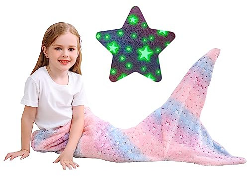 Kids Mermaid Tail Blanket, Glow In The Dark Blanket for Girls, Soft Flannel Fleece Toddler Mermaid Blanket with Glitering Stars and Rainbow Ombre Fish Scale Design - 100 x 43 cm