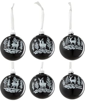 J-Line DOSE VON 6 WEIHNACHTSKUGELN 2+2+2 Rentier Glas SCHWARZ/WEIß
