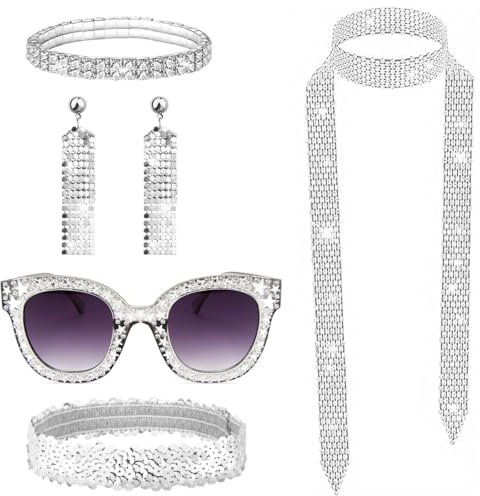70er Jahre Disco Outfit Damen Accessories 5 Stück, 70er 80er Disco Pailletten Sonnenbrille Glitzer Haarband Quaste Ohrringe Strass Halskette Armband Kostüm Zubehör Set für Fasching Party Karneval