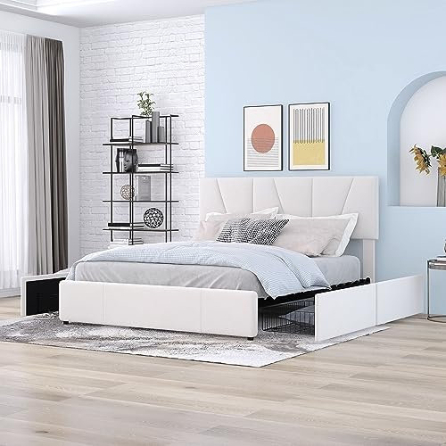 MYBOO Bett 140x200 mit Schubladen, Einzelbett/Doppelbett, Modern Polsterbett mit Samtstoff Rückenlehne und Lattenrost, Höhenverstellbares Kopfteil,Jugendbett Gästebett, Beige (ohne Matratze)