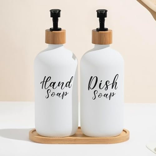 Zeiin Home Confezione da 2 Dispenser di Sapone da Cucina in Vetro 500ml con Base in Bambù. Dosatore per Detersivo Piatti e Sapone per le Mani per Lavello e Piano di Lavoro. Elegante e Funzionale.