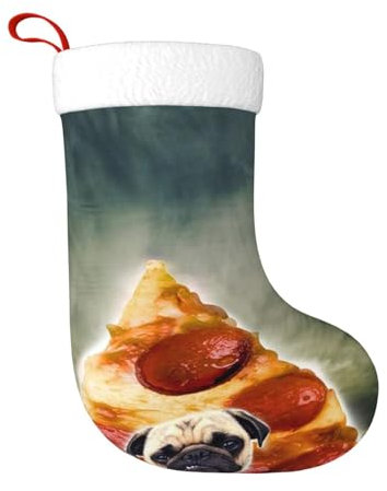 Miniks Lustige Mops-Hunde-Pizza-Weihnachtsstrümpfe, Weihnachtsdekoration, Kamin, Weihnachtsbaum, Feiertagsparty-Dekoration, 45,7 cm