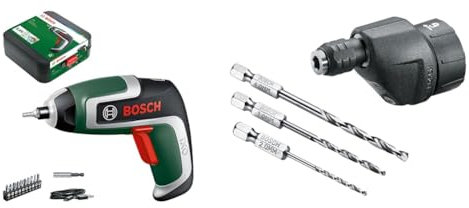 Bosch Home and Garden Visseuse Compacte sans fil IXO, Vert & Mandrin excentré Bosch - Adaptateur pour perceuse/visseuse IXO avec jeu de forets