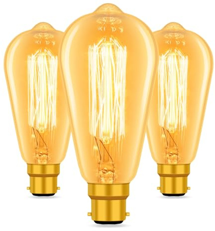 Caldarax 3 Pack B22 Bayonet Vintage Edison Light Bulbs, ST64 Edison Bulb, Retro Filament Light Bulb, Industrial Style Antique Amber Glass Warm White 2700K, 600 Lumen, Decorative Bulbs