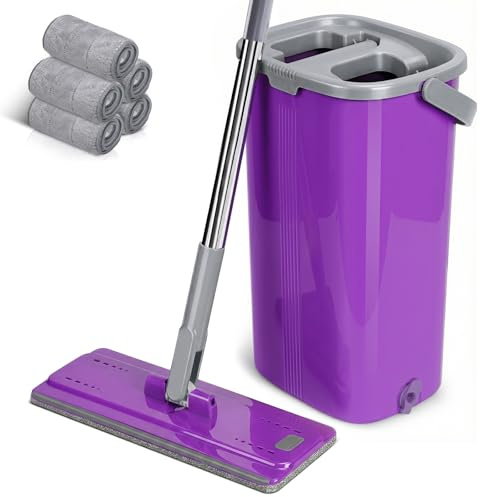 MASTERTOP Wischmopp Set mit Eimer, Bodenwischer Set mit 5 Mikrofaser Pads und Edelstahl Griff, Flachmopp Wischmopp mit Auswringfunktion,Wischer Mop Set,Putzeimer mit Wischmop für alle Böden, Lila