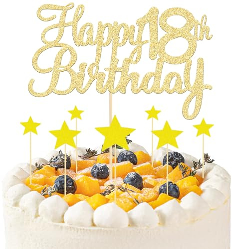 8 Pcs Gold Happy 18th Birthday Cake Topper, 1 Happy Birthday Topper and 7 Star Cupcake Toppers, Glitter 18th Cake Topper for Anniversary Party Supplies