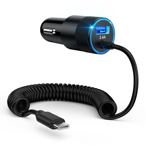 Zigarettenanzünder USB,3.4A KFZ Ladegerät USB Zigarettenanzünder Adapter 12v USB Adapter Auto Ladegerät mit 1.2M Spiral Kabel für Samsung Galaxy S24/S23/S22/S21/S20/A15/A55/A54/Z Flip 6,iPhone16/15