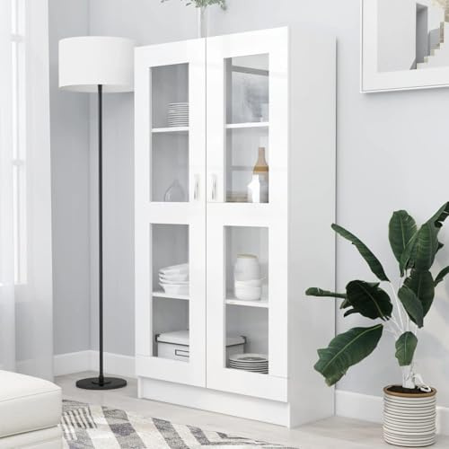IKAYAA Vitrinenschrank, Glasvitrine, Bücherschrank mit 2 Türen 4 Fächern, Hochschrank, Schrank für Wohnzimmer Küche Esszimmer Büro, Weiß