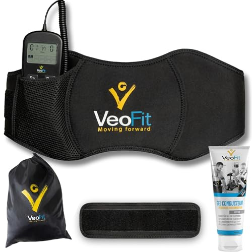 VEOFIT Abdominal bälte elektrostimulering och styrketräning EMS- buk muskel elektrostimulator apparat för män och kvinnor - 10 program 99 intensitet - trådlös, maximal storlek 140 cm