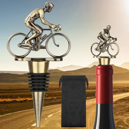 LULLEA Cycling Wine Bottle Stopper, Bicycle Gifts Cyclist Gifts Wine Gifts for Father's Day, Christmas, Birthday, Bronze Bottle Stopper for Wine and Champagne with Bag