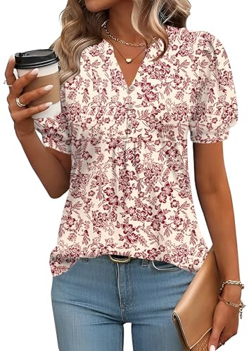Rapbin Ladies Summer Tops Womens Casual T Shirts V Neck Elegant Floaty Floral Printed Tunic Blouse White Red Floral-M(UK 12-14)