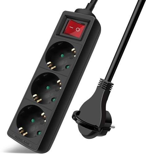 EXTRASTAR Regleta Alargador con 3 Enchufes e Interruptor, Cable 1.5M Clavija Plana, para el hogar, Oficina y Viajes, 16A, 250V, 3680W, Negro