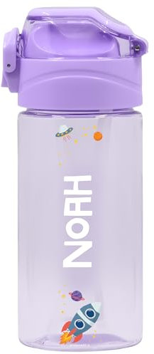 gutmarkiert - Kindertrinkflasche Personalisiert mit Strohhalm. Trinkflasche mit Namen und Motiv personalisierbar. Spülmaschinenfest. Auslaufsicherer Deckel. 450ml (Lila)