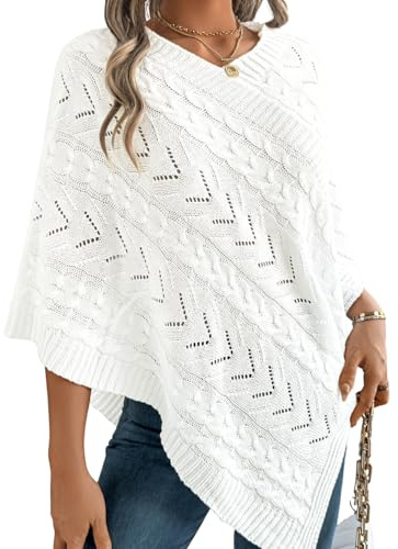 EHSUYAB Women Knit Poncho Sweater, Irregular Hallow Out Cape Top Casual Fashion, Lightweight Knitted Shawl Wraps Fall Winter X-Large White