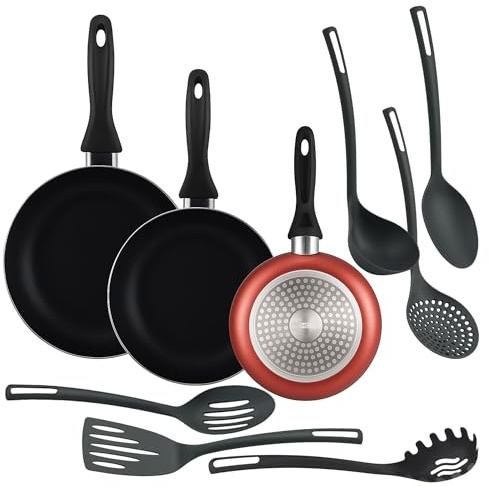 Well Home Ensemble de 3 poêles Ø16Ø20Ø24cm en aluminium embouti cuivre métallisé + 6 ustensiles de cuisine en PBT couleur noire
