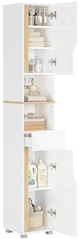 FORABAMB Tall Bathroom Storage Cabinet, Freestanding Bathroom Storage Unit with Adjustable Shelves, a Drawer, 2 Open shelves, Slim Storage Cabinet for Bathroom, Kitchen, White, 30 x 30 x 180 cm