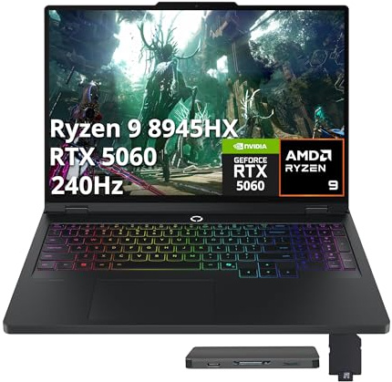 Lenovo Legion Pro 5 16 WQXGA 240Hz Gaming Laptop, AMD Ryzen 9 8945HX, GeForce RTX 5060 8GB GDDR7, 32GB DDR5, 1TB SSD, 24-Zone RGB Backlit Keyboard, 5MP Camera, Win 11, Black, 1TB Docking Station Set
