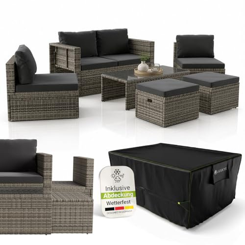 Juskys® Polyrattan Gartenmöbel Set Salou inkl. Abdeckung - Outdoor Lounge wetterfest 6 Personen - Sitzecke mit Tisch & Kissen für Garten, Balkon, Terrasse - Grau