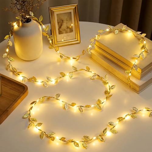 Ninonly Gold Leaf Fairy Lights 5m 50 LED Artificial Ivy String Lights Xmas | Battery Operated Gold Fake Ivy Garland Decor for Bedroom Wall Balcony Wedding Christmas, Warm White