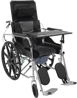 Silla de ruedas reclinable con respaldo de 90 – 180 ° y altura ajustable 89 – 121 cm, silla de ruedas de transporte de hasta 100 kg con protección antivuelco y rueda de freno, silla de ruedas
