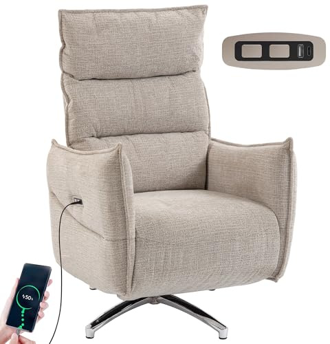 HOMCOM Relaxsessel Elektrisch mit Liegefunktion Drehbar TV Sessel Beige | Mit Ladeanschlüssen, Leinenoptik, Fußstütze, Hohe Rückenlehne, für Schlafzimmer, Wohnzimmer