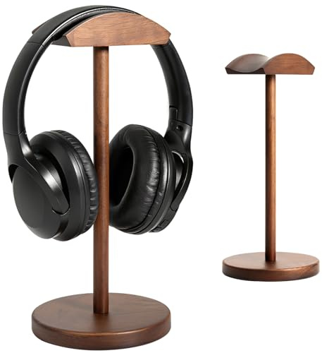 Plehood Hörlursstativ i valnötsträ för skrivbord, kraftigt trä headsetstativ, bred kompatibilitet spelheadset, hänghållare, eleganta skrivbordstillbehör för hem och kontor