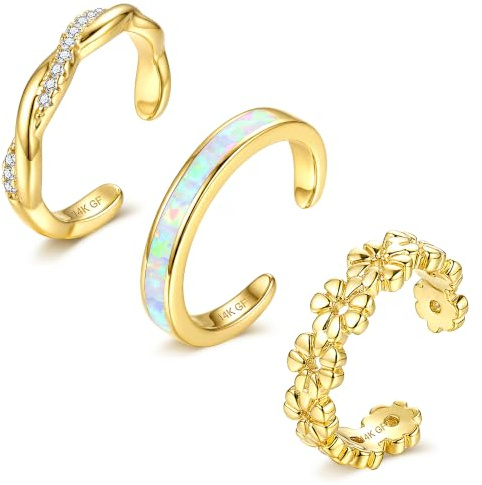 Morfetto Set de 3 Anillos para Pies Ajustables para Mujer Rellenos de Oro de 14K Diseño Abierto con CZ Flor y Ópalo Resistentes al Deslustre Joyería de Verano para Playa Gold Opal