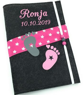 U Heft Hülle und Impfpass aus Filz - Personalisiert mit Namen - Untersuchungsheft Schutzhülle - Babygeschenke zur Geburt - Kinderuntersuchungsheft Mädchen und Junge - Füsse Rosa