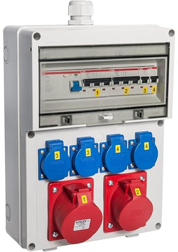 VOTHA Väggfördelare WÜRZBURG | Trådbunden kontaktkombination för väggmontering | CEE 32 A & 16 A 4 x 230 V | FI-brytare och LS-omkopplare | IP54 | Låsbart makrolonskydd