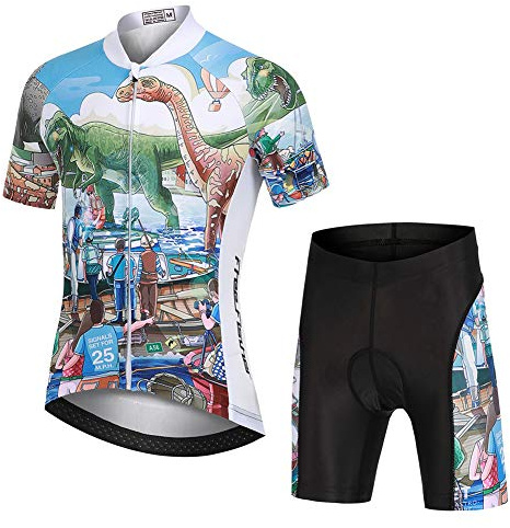 YFPICO Kinder Radtrikot Set Jungen Mädchen Fahrrad Trikot Kurzarm + Radhose mit Sitzpolster, Dinosaurier, M(116)