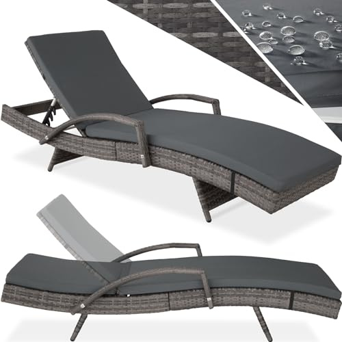 tectake® Solsäng i konstrotting med fem stegs justerbart ryggstöd, solbädd för trädgård & uteplats - solstol med avtagbara dynor, loungemöbl med justerbar ryggstöd i fem steg - Grå