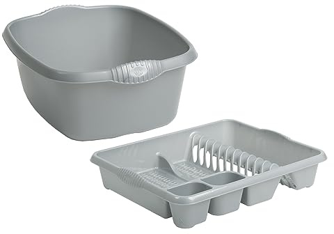 SET OF 2 Large Rectangular Washing Up Bowl with large Dish Drainer For Kitchen Utensils - (Silver, Rectangular Bowl, Large Dish Drainer)