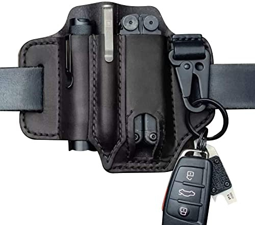 Funda de cuero para organizador EDC, soporte multiherramienta de cuero con soporte para llaves para cinturón y funda de linterna, bolsa multiherramienta01