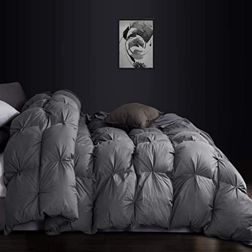 Luxurious All-Season Goose Down Feather Fiber Comforter Queen Size Duvet Insert, Exquisite Pinch Pleat Ruffled Twisted Flower, Premium Baffle Box, 100% Egyptian Cotton Cover, 60 oz. Fill Weight, Gray