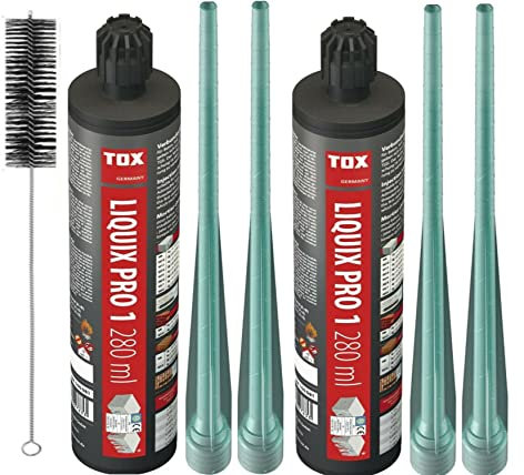 Tox Liquix 280 ml | 2K Injektionsmörtel | Verbundmörtel | Chemiedübel für Beton & Mauerwerk | inkl. 4x Mischer/Schwerlastbefestigung | Montagemörtel Klebeanker (2x 280ml)+BTG Bürste