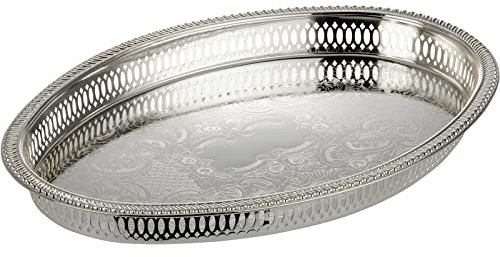 großes XL Silbertablett 37 x 26 cm - ovales versilbertes Dekotablett mit hohem Rand ohne Füße - modernes Gallerie Deko Serviertablett für Speisen und Getränke - ohne Griffe