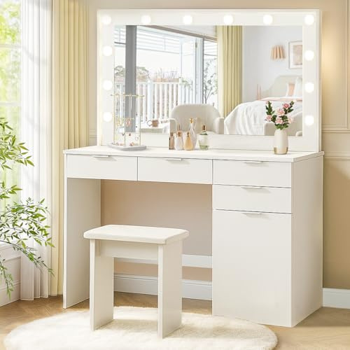 LEMROE Dressing table with Hollywood LED mirror and stool, 3 Adjustable Light Brightness, White Makeup Vanity Table with 4 Drawers and Cabinet for Bedroom, Modern Women Girls Beauty Desk