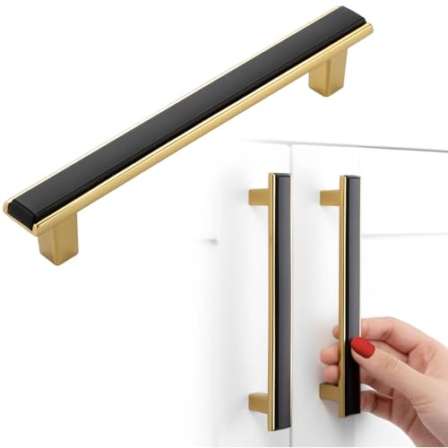 BEROSSA Black and Gold Cabinet Pulls Matte Black and Gold Kitchen Cabinet Handles, 5 Pack 5 Inch, 2281 Two Tone Hardware for Cabinets Drawers Bedroom Dresser Cupboard Bathroom Vanity
