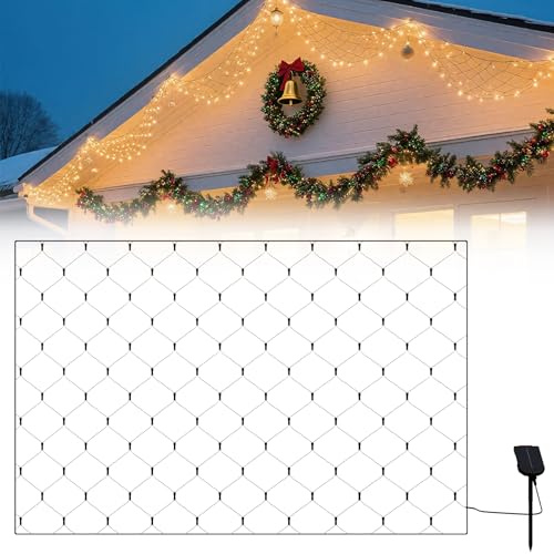 Froadp Red de luces LED solares, para exteriores, 3 x 2 m, iluminación de Navidad, 250 ledes, cortina con mando a distancia y 8 modos de iluminación, luz blanca cálida, luces de hadas para interior,