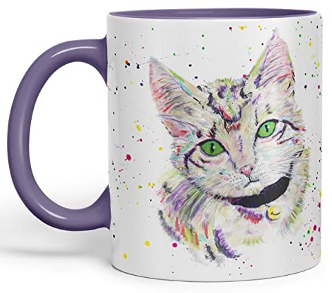 Vixar Cat Kitten Feline Pet Animals Watercolour Art Coloured Mug Cup Gift Birthday Work Office Tea Coffee (Purple)