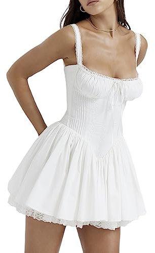 Yassiglia Sommerkleid Damen Elegant Vintage A-Linie Kleid Kurzarm Spitzenkleid Sommer Kurz Minikleid Petticoat Kleid mit Rüsche (Weiß F, S)