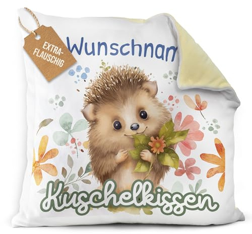 Print Royal PR Flauschiges Kuschel-Kissen für Kinder mit Füllung mit Name selbst gestalten - Igel Kissen für Mädchen und Jungs, Kinderkissen mit Name | 40 x 40 cm, Rückseite Gelb Flauschig