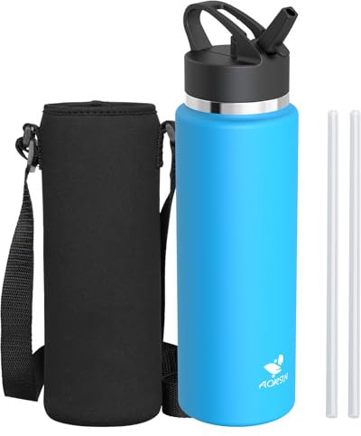 AORIN Trinkflasche Edelstahl, 1000ml Auslaufsichere Wasserflasche mit Strohhalm, BPA-Frei Trinkflasche Kinder, Vakuumisolierte Thermoskanne für Sport, Schule, Fitness, Outdoor