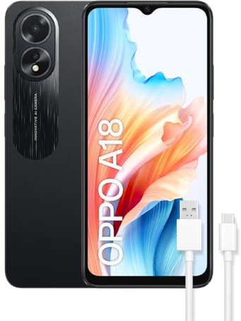 OPPO A18 Smartphone Libero, 4GB+128GB, Schermo HD+LCD 6.6, Fotocamera 8+2+5MP, Android, Batteria 5000mAh, Ricarica 10W - Nero