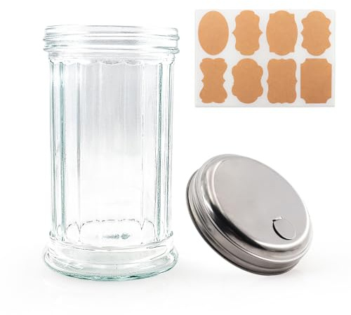 RUIQINQI 12 oz Retro Style Glass Sugar Shakers Dispenser, Glass Jar, Sugar Shaker, Stainless Steel Pour-Flap Lid, For Sugar，Cinnamon，Bee Pollen，pepper and other spices ，1 Pack