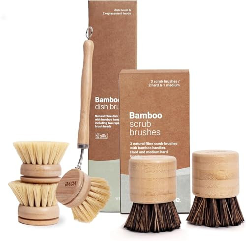Vove Paquete de cepillos de lavado – Cepillo de bambú certificado FSC y cepillo de fregar, 3 cabezales de repuesto – Cerdas de fibra natural – No tóxico, juego de limpieza de cocina sin plástico